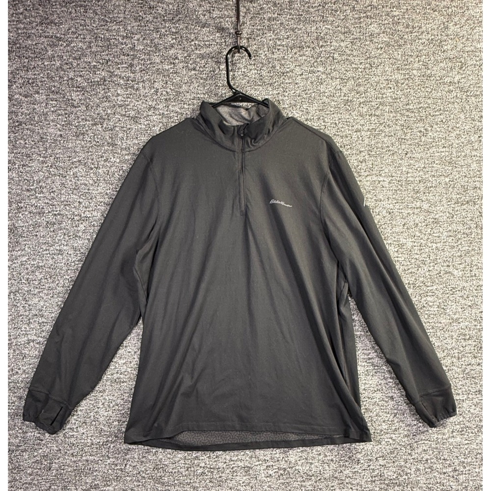 Eddie Bauer Mens Active Fit Black Quarter Zip Pullover Thumbholes Size Large